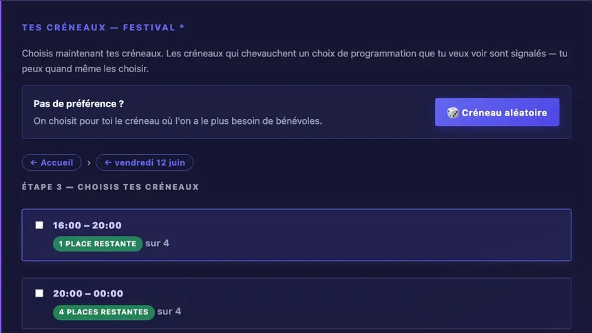 Formulaire d'inscription bénévole avec ses créneaux et places restantes — Bénévènement